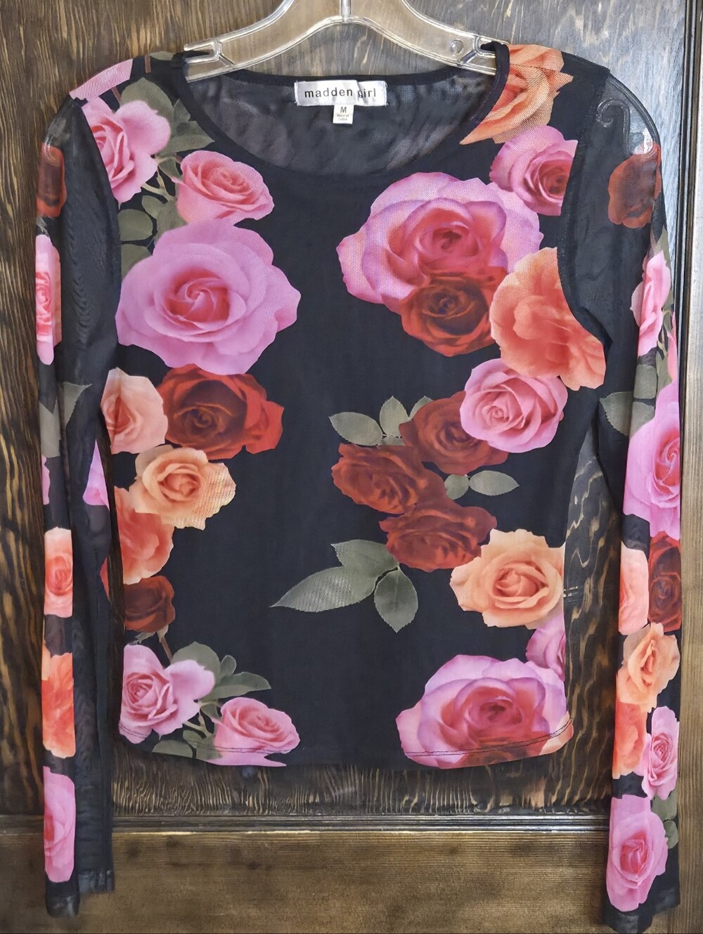 Madden Girl Black Mesh Floral Long-Sleeve Top - Pink & Red Roses
